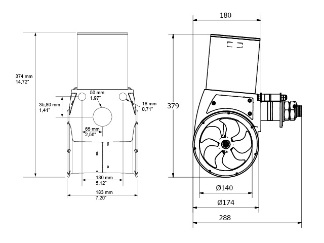 Hekkthruster utenpåliggende SLEIPNER SX35 12V 24Hk 50mm akterspeil Ø140mm tunnel SX3514012V50MM